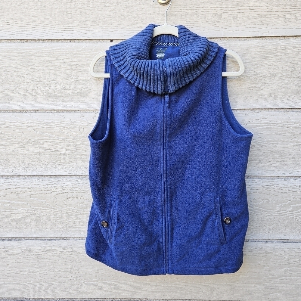 Lands End blue fleece full zip vest with ribbed foldover collar large